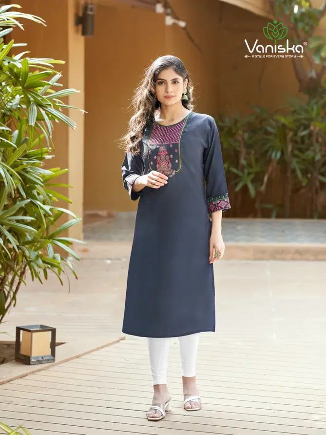 Blue Berry Vol 1 By Vaniska Heavy Rayon Embroidery Kurtis Wholesale Shop In Surat